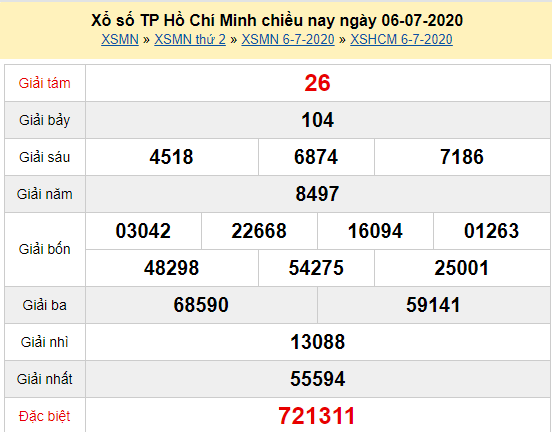 XSHCM 6/7 - Kết quả xổ số TP Hồ Chí Minh thứ 2 ngày 6/7/2020