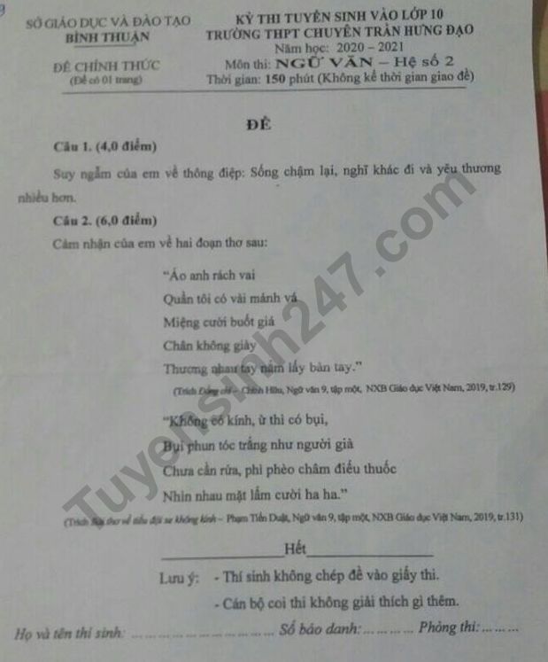 Đáp án đề thi môn Văn chuyên vào lớp 10 của tỉnh Bình Thuận năm 2020 - THPT Chuyên Trần Hưng Đạo