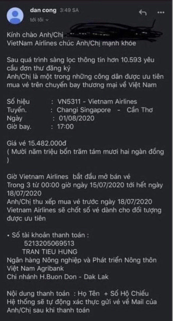 Mạo danh Vietnam Airlines mời chào khách mua vé máy bay về nước