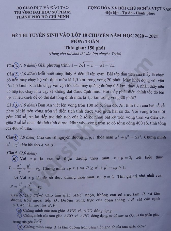 Đáp án đề thi môn Toán vào lớp 10 Trung học thực hành (ĐH Sư phạm TPHCM) năm 2020