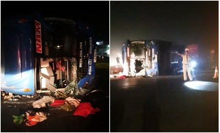 Hiện trường vụ lật xe khách ở Thái Bình, gần 20 người bị thương