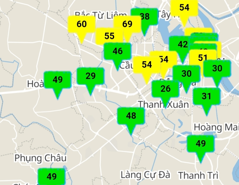 Chỉ số chất lượng không khí đo được tại các trạm quan trắc ở Hà Nội.