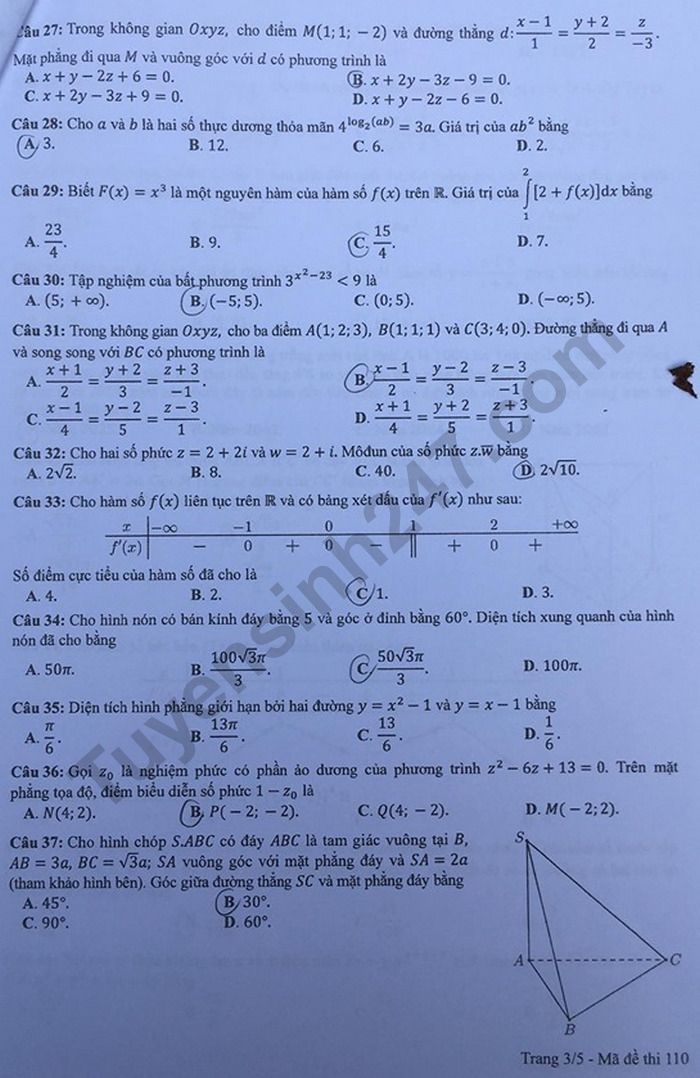 mã đề 110 môn toán 3