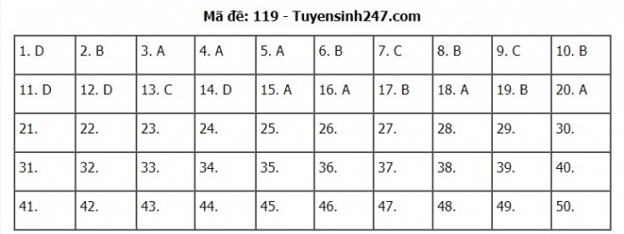 Gợi ýĐáp án đề thi môn Toán mã đề 119