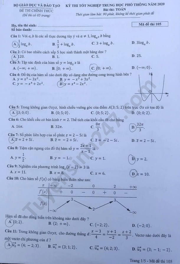 môn Toán Học mã đề 105