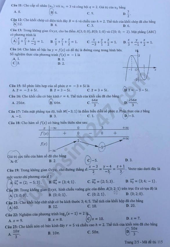 mã đề 115 môn toán 2