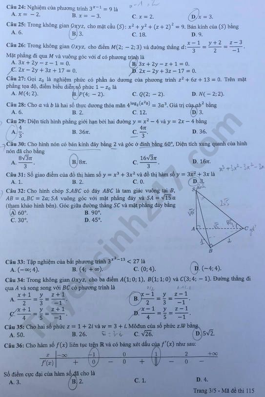 mã đề 115 môn toán 3