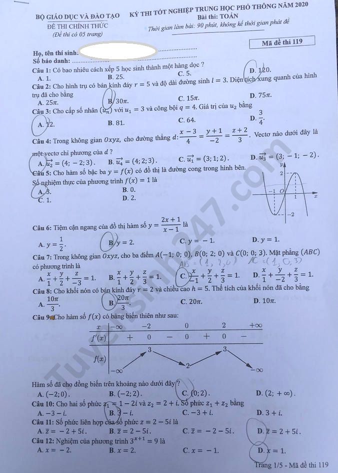 mã đề 119 đề thi môn Toán