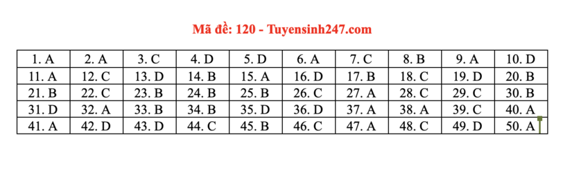 Gợi ý Đáp án đề thi môn Toán mã đề 120 