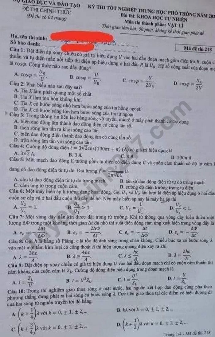 Đáp án đề thi môn Lý mã đề 218 kỳ thi THPT Quốc Gia 2020