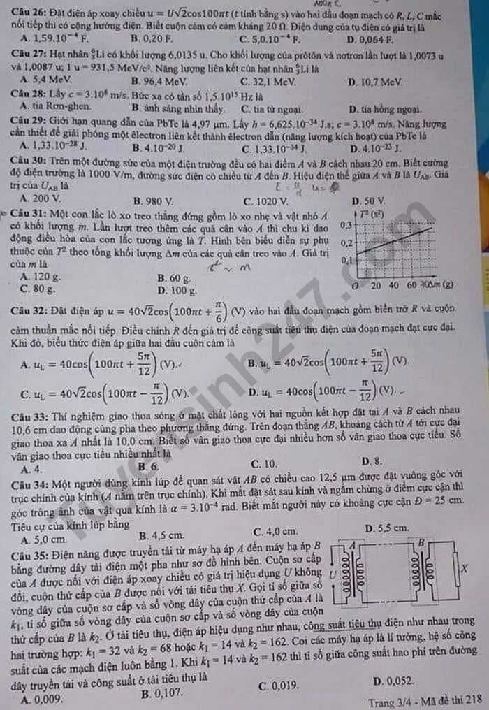 Đáp án đề thi môn Lý mã đề 218 kỳ thi THPT Quốc Gia 20203