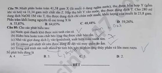 Đáp án đề thi môn Hóa Học mã đề 207 kỳ thi THPT Quốc Gia 2020