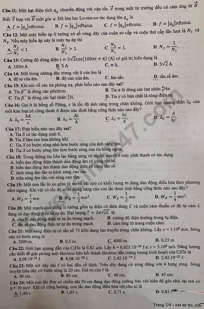 Đáp án đề thi môn Lý mã đề 206 kỳ thi THPT Quốc Gia 20202
