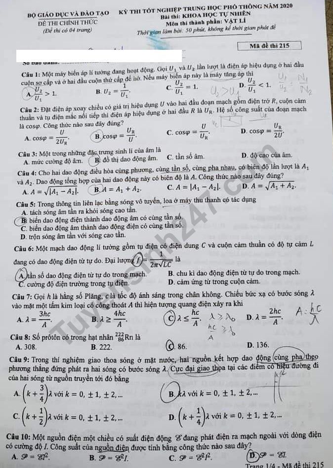 Đáp án đề thi môn Lý mã đề 215 kỳ thi THPT Quốc Gia 2020