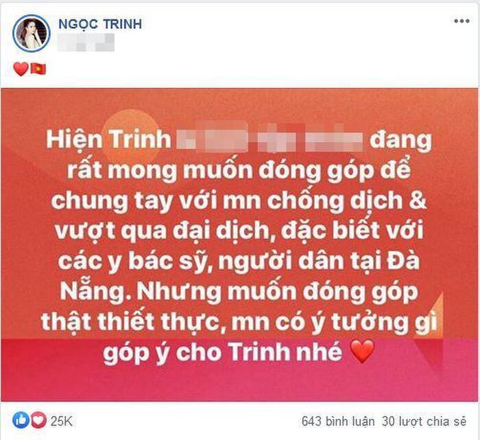 Ngọc Trinh ủng hộ 100 triệu đồng giúp Đà Nẵng chống dịch Covid-19