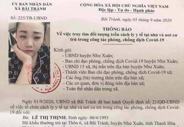 Một phụ nữ ở Thanh Hóa bỏ trốn khỏi nơi cư trú khi đang cách ly y tế