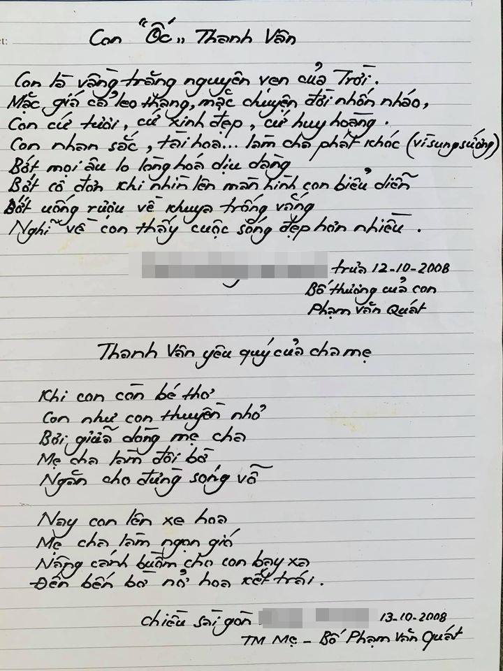 Ốc Thanh Vân xúc động khi thấy lá thư viết tay của bố