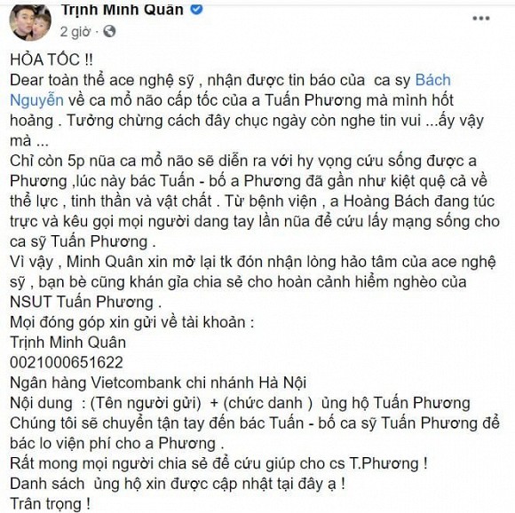 Ca sĩ Tuấn Phương mổ não gấp, sao Việt tiếp tục kêu gọi ủng hộ