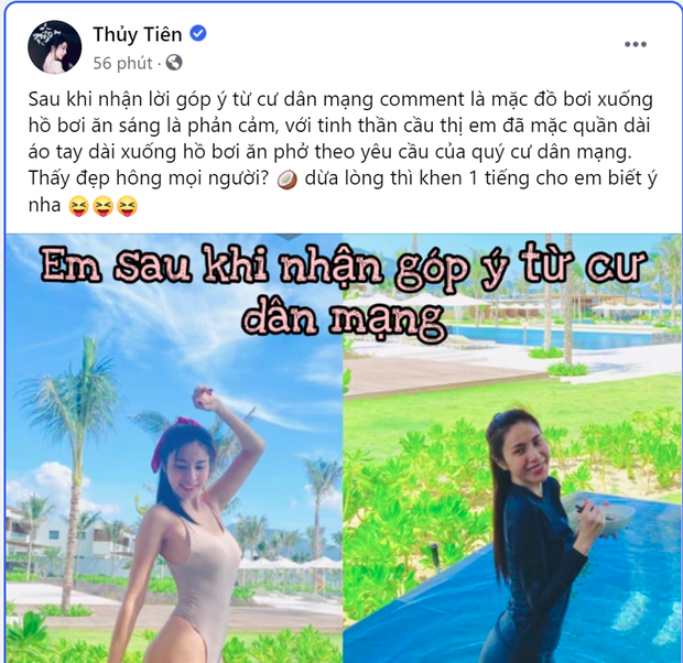 Bị chê mặc bikini phản cảm, Thủy Tiên tung ảnh diện quần áo kín mít xuống hồ bơi để đáp trả 
