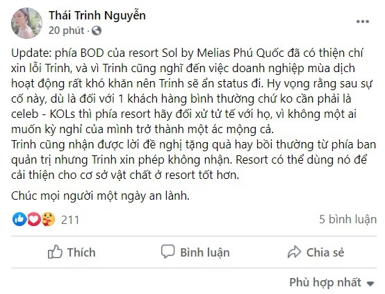 Sau sự cố ngộ độc, Thái Trinh được resort 5 sao Phú Quốc xin lỗi 