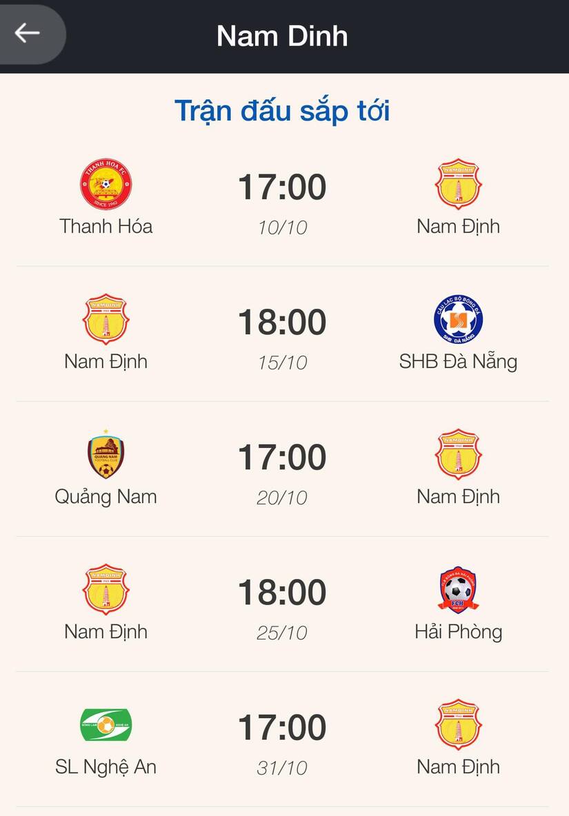 Lịch thi đấu lượt về V.League của DNH Nam Định