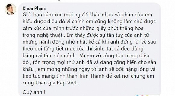 Bạn gái Karik lên tiếng bảo vệ Trấn Thành khi bị chỉ trích 'khóc lố' tại Rap Việt