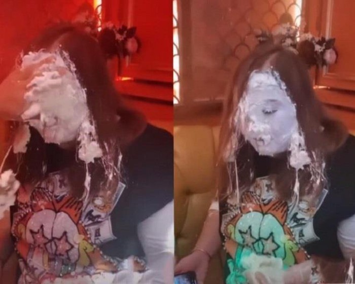Cô gái bị trát bánh kem trắng mặt trong ngày sinh nhật