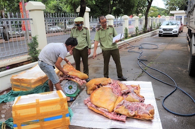 Lực lượng chức năng chặn bắt 300kg thịt lợn bốc mùi hôi thối.