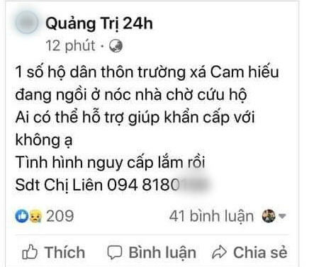 Nhiều người dân Quảng Trị lên mạng cầu cứu khi lũ bất ngờ dâng nhanh trong đêm