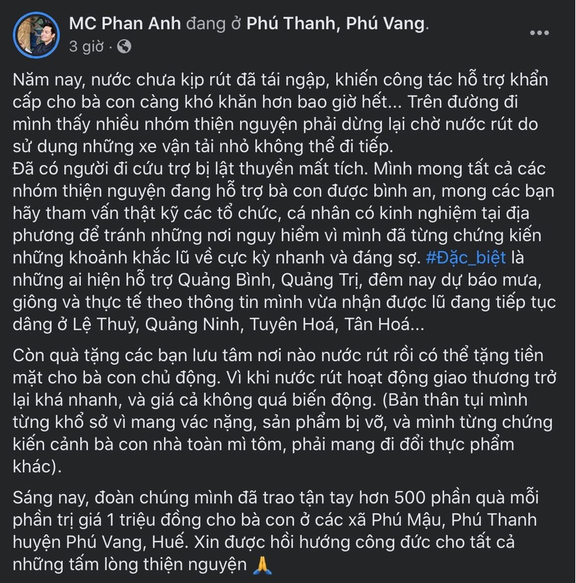 Mặc bị gọi là 'MC lũ', Phan Anh vẫn miệt mài làm từ thiện cứu trợ miền Trung
