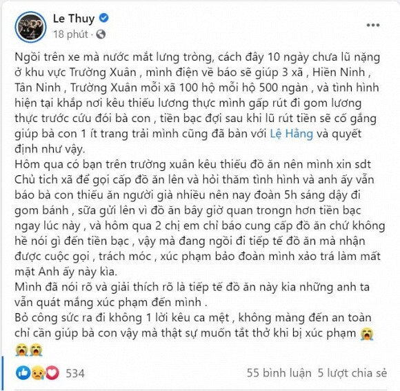 Lê Thúy khóc nức nở vì bị nói 'xảo trá' khi làm từ thiện