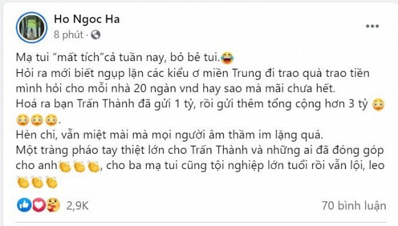 Hồ Ngọc Hà than thở 'mẹ mất tích cả tuần nay', tiết lộ Trấn Thành gửi thêm tiền cứu trợ miền Trung