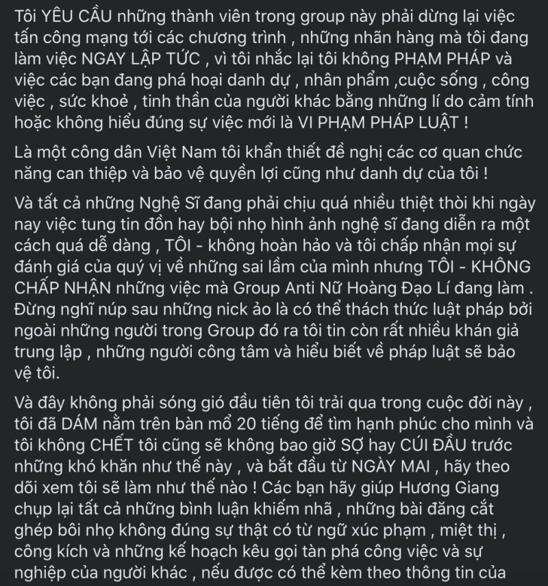 Hương Giang đanh thép yêu cầu group antifan dừng hoạt động, đề nghị cơ quan chức năng vào cuộc xử lý