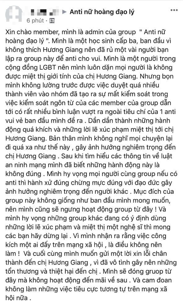 Admin group antifan Hương Giang chính thức lên tiếng, gửi lời xin lỗi chân thành và tuyên bố sẽ đóng group