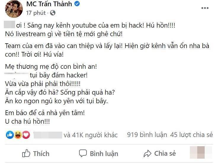 Trấn Thành bị hack kênh Youtube, phát livestream tiền ảo với lượt xem 'khủng'