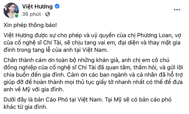 Nghệ sĩ Hoài Linh, Việt Hương công bố cáo phó và lễ viếng danh hài Chí Tài tại Việt Nam