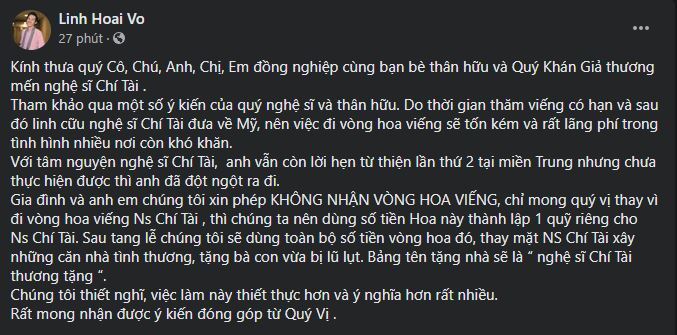 Nghệ sĩ Hoài Linh thông báo không nhận vòng hoa, tiền viếng sẽ lập  