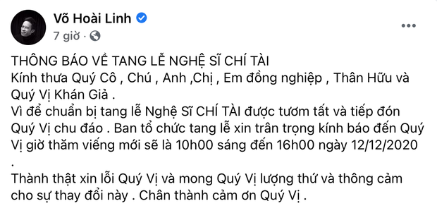 Nghệ sĩ Hoài Linh thông báo lại giờ viếng trong lễ tang Chí Tài