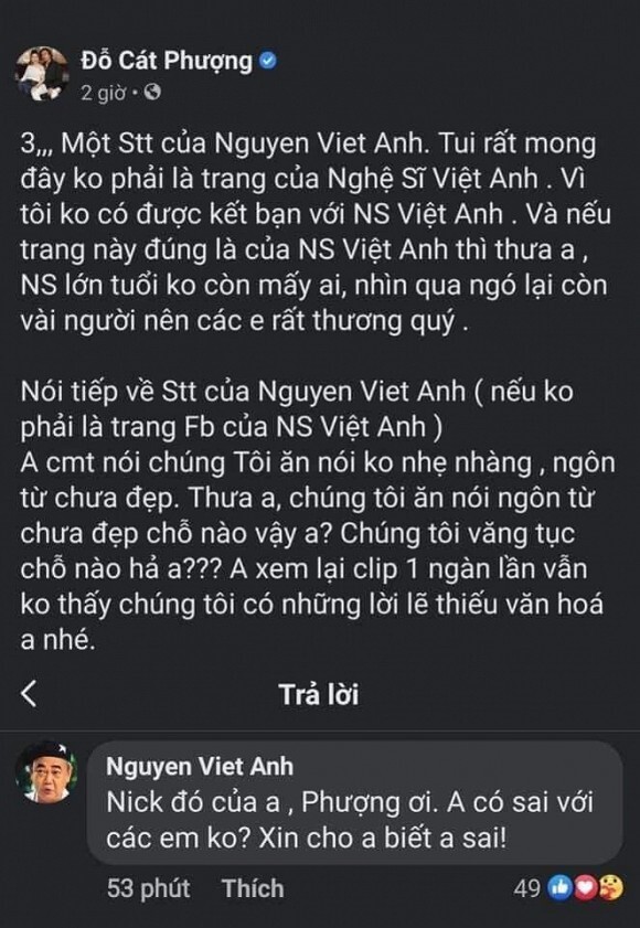 Cát Phượng bị chỉ trích 'hỗn láo' khi phản bác lời nhắc nhở của NSND Việt Anh