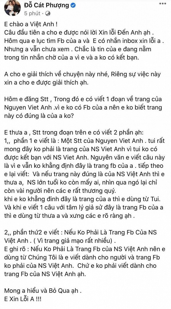 Cát Phượng chính thức xin lỗi nghệ sĩ Việt Anh sau phát ngôn thiếu tôn trọng