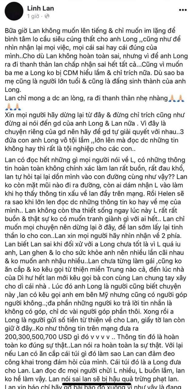 Vợ Vân Quang Long xin lỗi chồng và bố mẹ chồng sau loạt ồn ào đấu tố