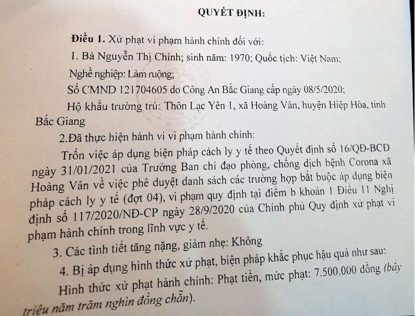 Người phụ nữ ở Bắc Giang bị phạt 7,5 triệu đồng do trốn cách ly đi bán rau