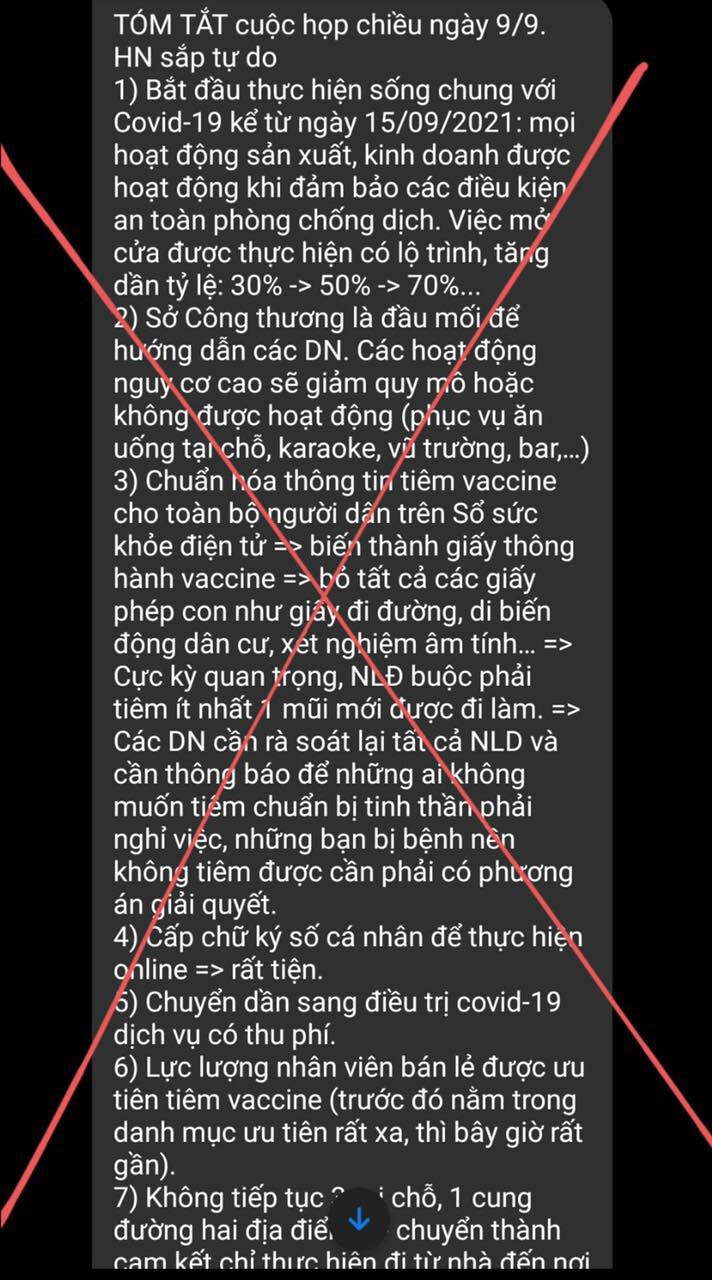 Thông tin Hà Nội nới lỏng giãn cách xã hội từ ngày 15/9 là không chính xác