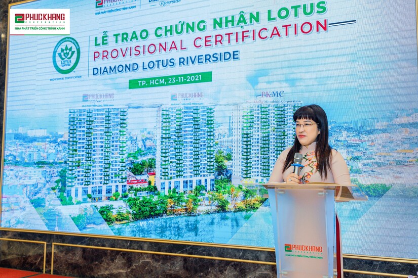 CEO Lưu Thị Thanh Mẫu bày tỏ niềm niềm xúc động và tự hào khi “đứa con tinh thần” - Diamond Lotus Riverside đạt được chứng nhận LOTUS tạm thời