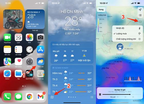  Kiểm tra lượng mưa bằng ứng dụng Weather có sẵn trên iPhone. Ảnh Pháp luật TPHCM.
