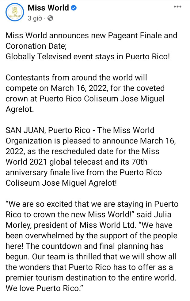 Miss World 2021 thông báo chung kết sau khi tạm hoãn vì dịch Covid-19