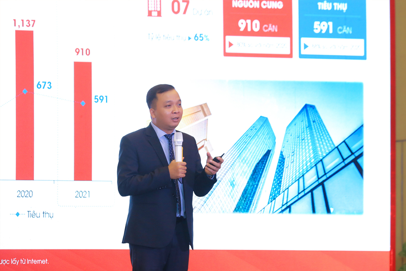Ông Võ Hồng Thắng - Trưởng phòng R&D DKRA Vietnam trình bày diễn biến thị trường bất động sản Huế - Đà Nẵng - Quảng Nam năm 2021 và dự báo năm 2022.