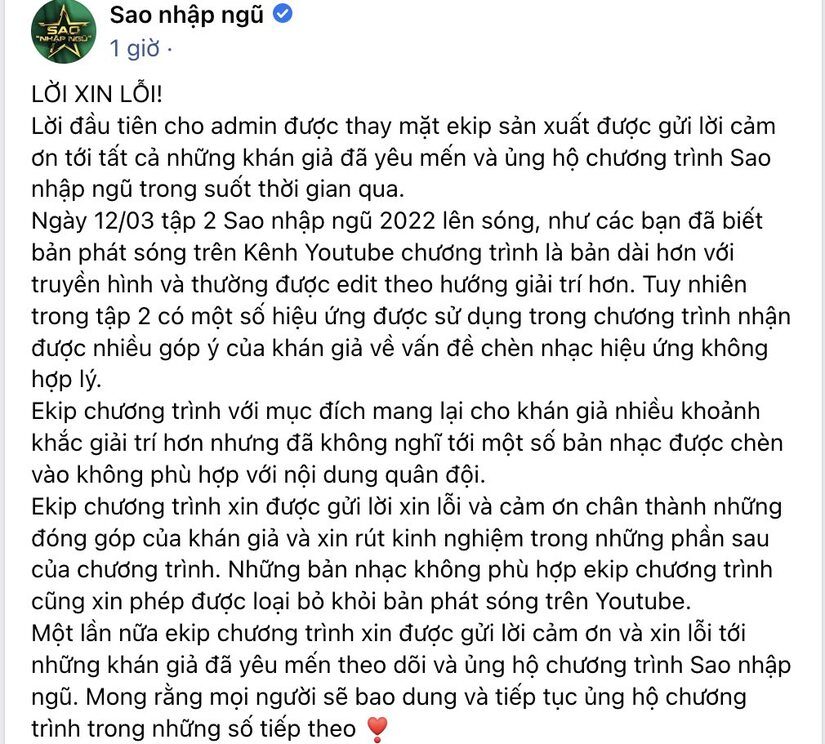 Ê-kíp Sao nhập ngũ lên tiếng xin lỗi vì dùng bài hát ca từ tục tĩu