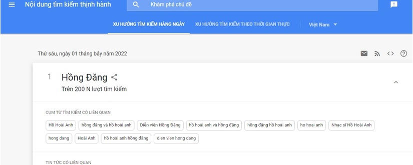Hồng Đăng, Hồ Hoài Anh lên Top 1 tìm kiếm Google tại Việt Nam