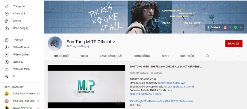Kênh Youtube của Sơn Tùng M-TP đạt nút kim cương